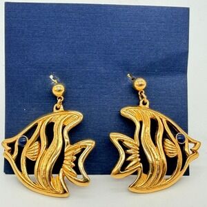 Vintage Gold Tone Angelfish Drop Earrings Blue Cabochon Eye Nautical Coastal